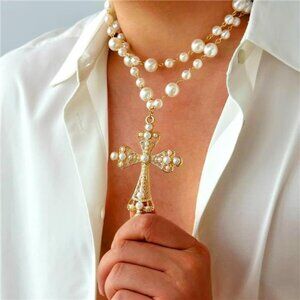 Gothic Pearl & Crystal Baroque Cross Necklace | Layered Statement Choker